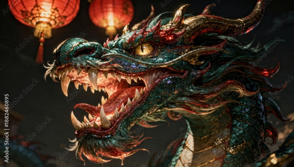 Obraz premium Intricate Chinese dragon head with open mouth and sharp teeth, illuminated by red lanterns