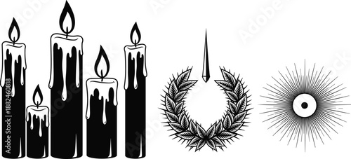Set of melting candles, laurel wreath, ritual dagger and mystical sunburst symbol, gothic occult decorative vector illustration for design elements