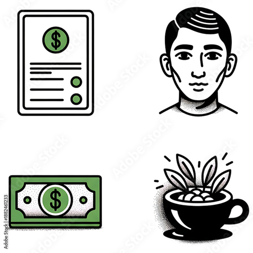 Financial Ecosystem: A collection of icons representing the pillars of financial prosperity, including a document, individual, currency, and financial growth concept.