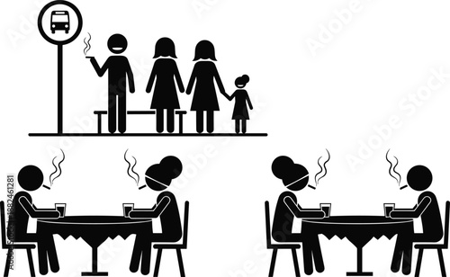 Smoking in public areas illustration showing people smoking at bus stop and café, health risk concept, secondhand smoke awareness graphic design