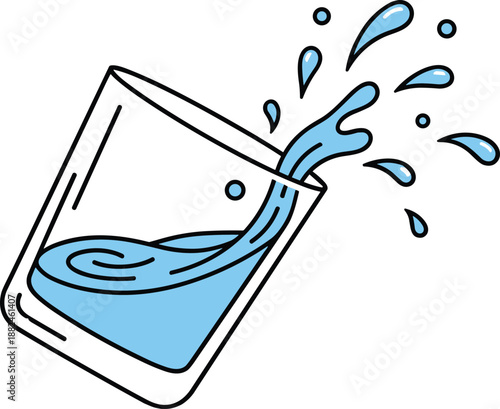 Spilled water glass illustration showing splash motion, fluid movement graphic, liquid spill concept, clean minimal design for hydration, accident or freshness themes