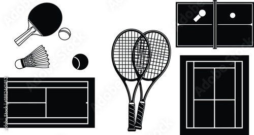Sports equipment icons featuring tennis rackets, badminton shuttlecock, ping pong paddle, balls and court layouts in black silhouette design for illustrations