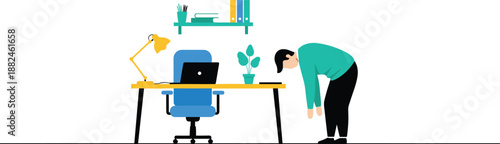 Tired office worker bending over near desk showing exhaustion, workplace fatigue, burnout, stress, poor posture and unhealthy work environment illustration