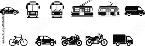 Transportation vehicle icon set featuring cars, buses, trams, bicycles, motorcycles and trucks, modern urban transport silhouette collection for logistics and travel design