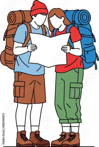 Two backpackers reading map together while hiking outdoors, adventure travel couple exploring nature, navigation, trekking journey, camping equipment and outdoor lifestyle