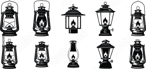 Vintage oil lantern set with antique kerosene lamps classic camping lamp collection rustic flame light retro illustration vector icons