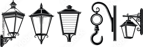 Vintage wall lantern set featuring classic street lamps, wrought iron brackets and retro outdoor lighting designs in detailed black decorative illustration style