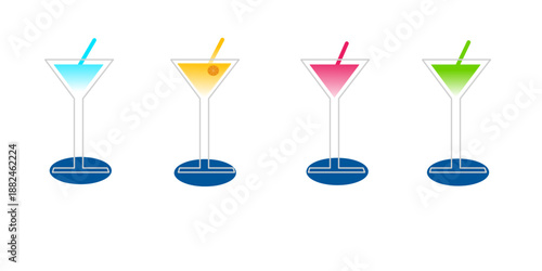 A collection of cocktail glass icons. Vector glass illustrations. A triangular cocktail water container icon.