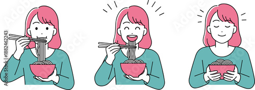 Woman happily eating noodles with chopsticks in three step illustration showing enjoyment, satisfaction, delicious food moment, tasty meal experience and happiness