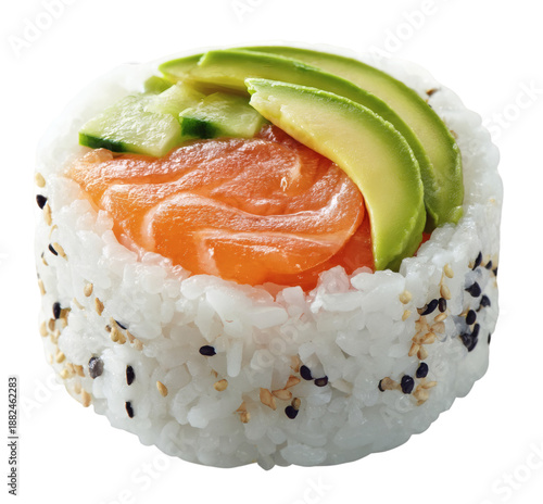 Top view of sushi roll with salmon egg and avocado on transparent background