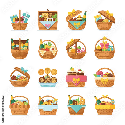 Assorted Picnic Baskets with Various Items Inside.