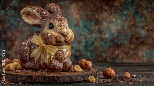 Elegant chocolate rabbit decorated with gold leaf and tied with a sheer ribbon, surrounded by hazelnuts on rustic wood, ideal for premium Easter or confectionery campaigns.
