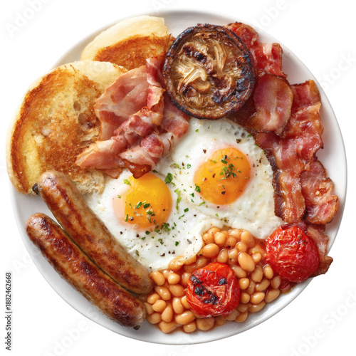Full English breakfast with fried eggs sausages bacon beans and toast isolated on transparent background