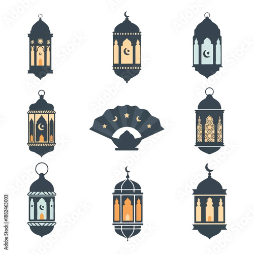 Collection of Islamic Lanterns and Crescent Moon.