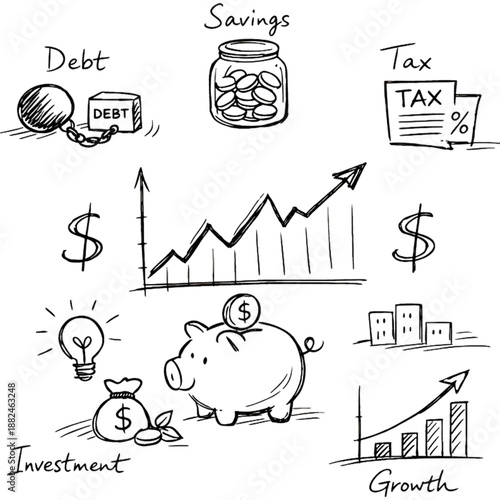 Financial Illustration: A concise and insightful graphic represents key aspects of finance, including debt, savings, tax, investment, and growth. Suitable for use in financial education.