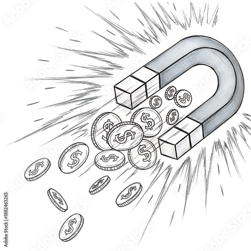 Magnetic Attraction of Fortune: A magnet, symbolizing attraction, draws in a cascade of dollar coins, suggesting wealth accumulation, prosperity, and the power of drawing opportunities. 