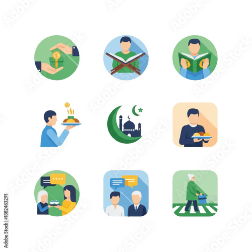 Collection of Islamic Cartoon Icons and Symbols.