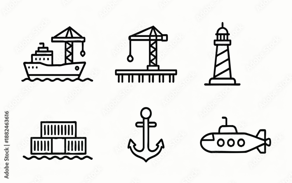 Naklejka premium Cargo Ship, Crane, Lighthouse, and Submarine