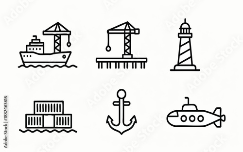Cargo Ship, Crane, Lighthouse, and Submarine