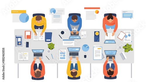 Cartoon Business People Working at Desks.