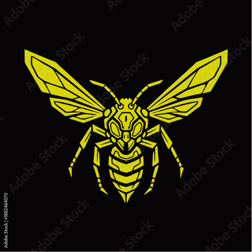 A stylized yellow wasp with intricate geometric details against a black background.
