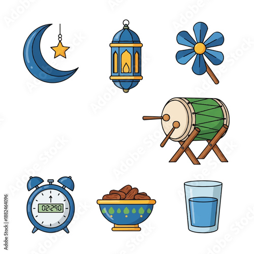 Ramadan Icons Featuring Crescent Moon and Lantern.