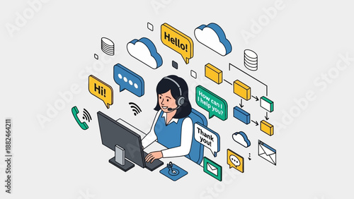 Woman Working on Computer with Headset.