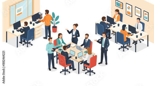 Office Workers Collaborating at Workstations.