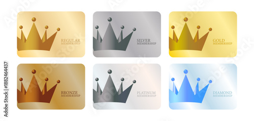 王冠アイコンを用いたメンバーシップランクカード6種セット、ゴールド・シルバー・ブロンズなど会員ランク表示用デザイン素材
