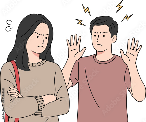 Angry couple arguing with frustrated expressions showing conflict, communication problem, relationship tension and emotional stress in heated disagreement illustration