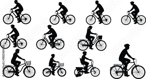 Bicycle rider silhouette collection with adults and children cycling, outdoor activity illustration set, detailed bike riding vector artwork for stock use