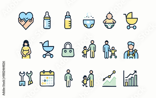 Family Care Parenting and Baby Products Flat Icons