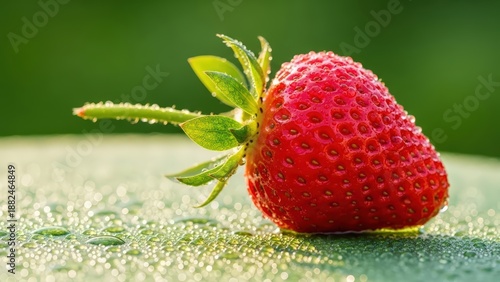 A vibrant red strawberry with green leaves and dew drops resting on a textured green surface in soft morning light.