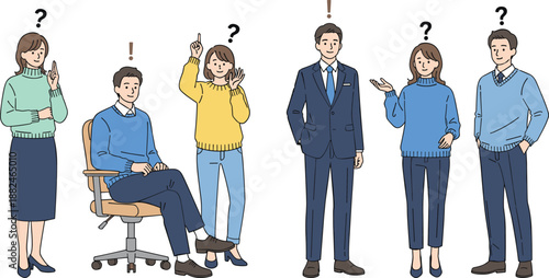 Business people illustration showing confusion and idea moments with question and exclamation marks representing problem solving, decision making and workplace communication concept