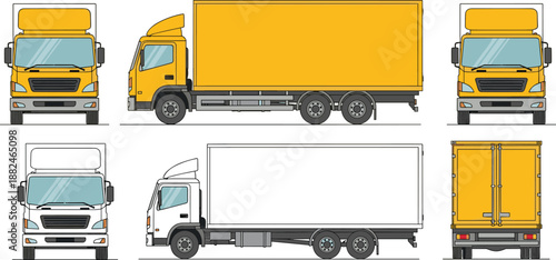 Cargo truck illustration showing front, side and rear views of delivery vehicle for transportation, logistics, shipping services and commercial freight concept