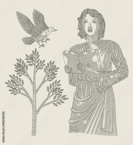 ancient young greek young man with dove and tree for nature conservation, vintage engraving drawing style illustration