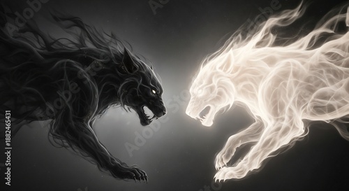 Dual Majesty - black lion & white tiger (reimagined as symbolic guardians)