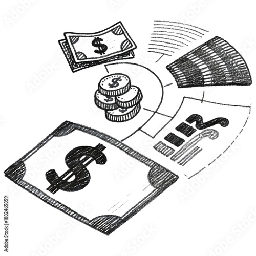Monetary Concept Illustration: A detailed illustration showcasing financial elements, with banknotes, coins, and pie charts.
