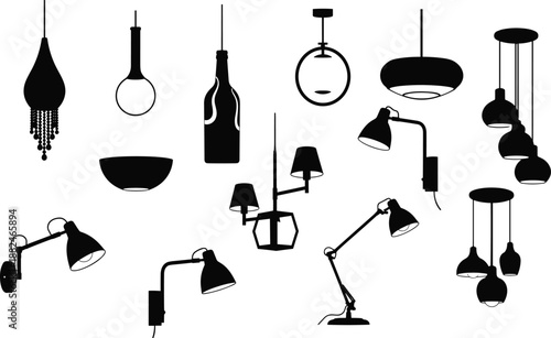 Collection of lamp silhouettes featuring modern lighting fixtures, pendant and wall lamps, interior decor elements, home lighting design icons for illustration use
