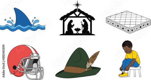 Collection of illustrated objects including shark fin, nativity scene, mattress, football helmet, feathered hat, and child tying shoes in simple style