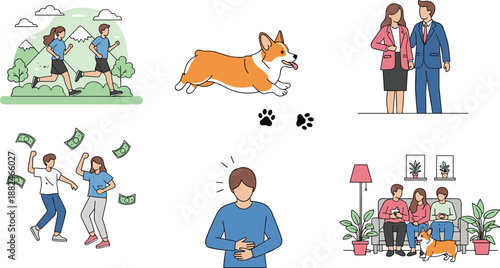 Collection of lifestyle illustrations including jogging couple, running corgi dog, business couple, money celebration, stomach pain, and family relaxing with pet