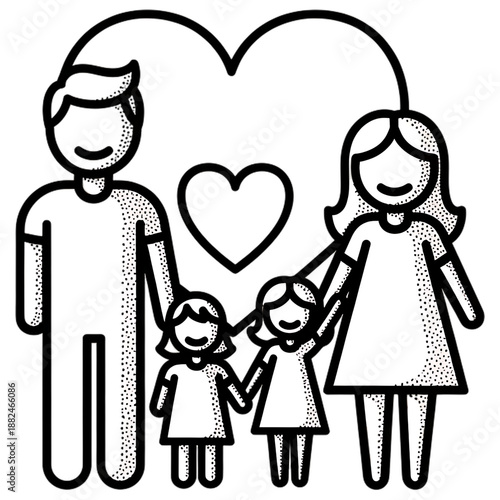 Love and Unity: An abstract family of five stands united under the symbol of a heart, representing love, care, and family values.