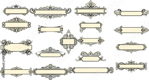 Collection of ornate vintage frames and decorative labels with elegant flourishes, blank borders, classic baroque elements, and retro ornamental design templates