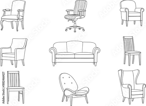 Collection of various chair and sofa furniture sketches, modern and classic seating set illustration, interior design outline vector for home decor