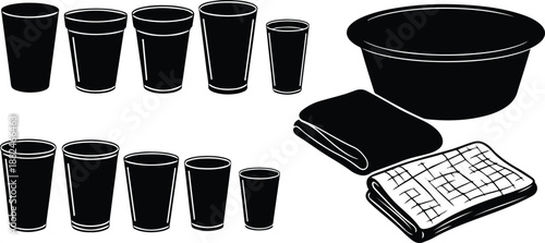 Black plastic cups and party supplies illustration set