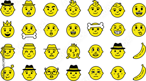 Collection of yellow emoji faces with hats funny expressions cartoon character emotions cute smiley icons vector set for creative design
