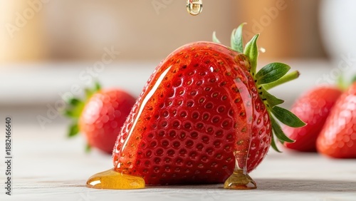 A vibrant red strawberry with golden honey dripping down its side onto a light surface, with other berries in the background.