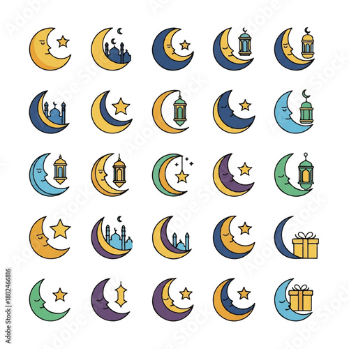 Crescent Moon Icons with Various Symbols.