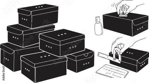Illustration of boxes and stressed person with paperwork