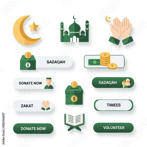 Islamic Charity Icons for Donation and Volunteer.